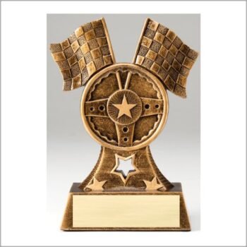Premium Scultped Antique Gold Resin Trophy -Flags and Steering Wheel