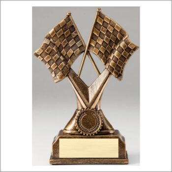 Premium Scultped Antique Gold Resin Trophy -Checkered Flags
